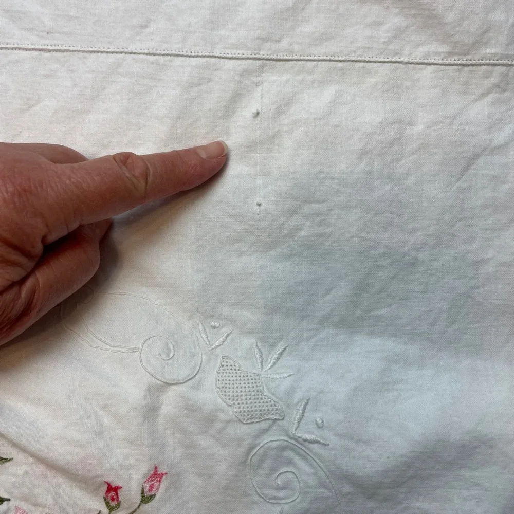 Vintage Floral Embroidered Tablecloth Rectangle 67x83 White Pink Holiday Party